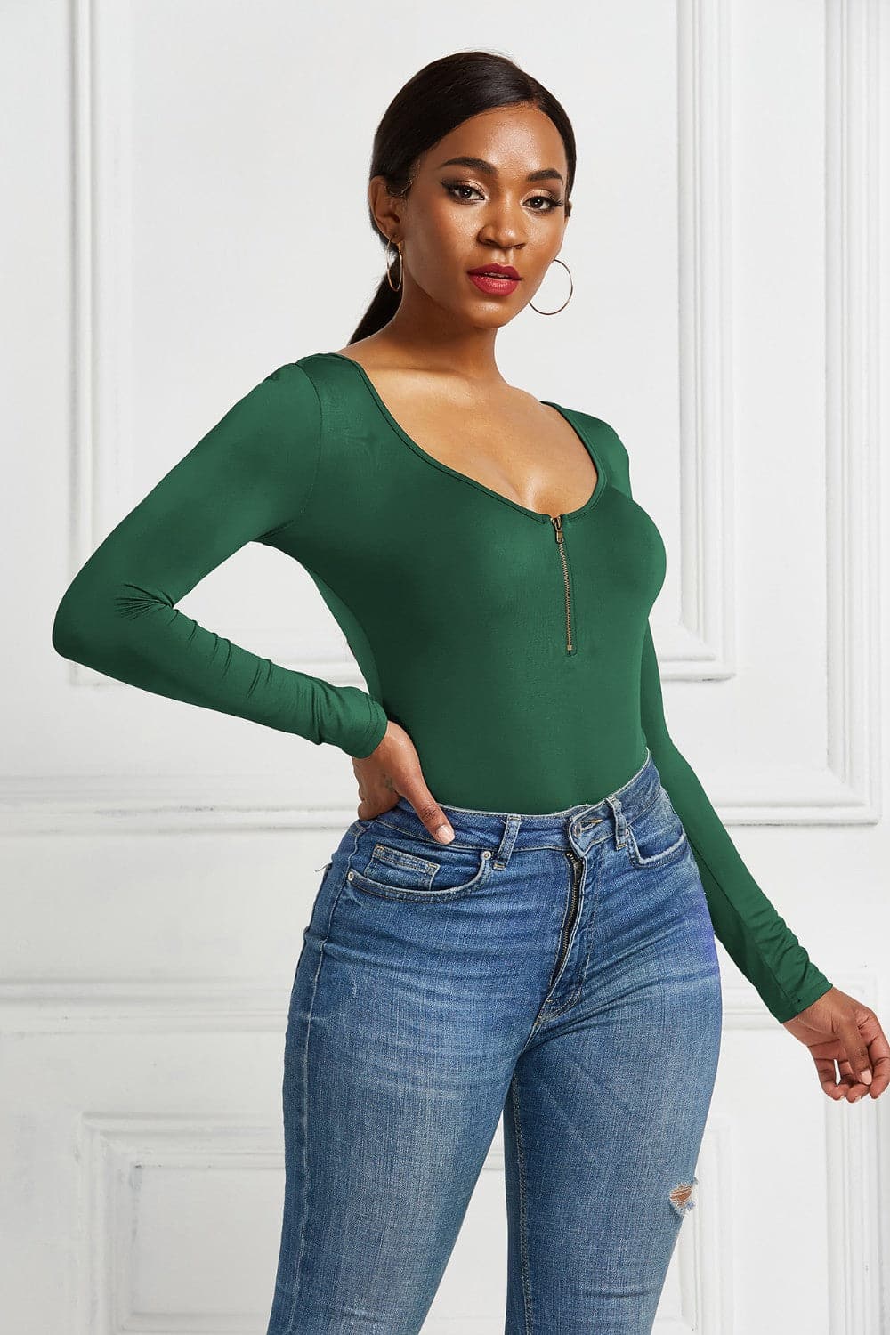 Half Zip Scoop Neck Long Sleeve Bodysuit.