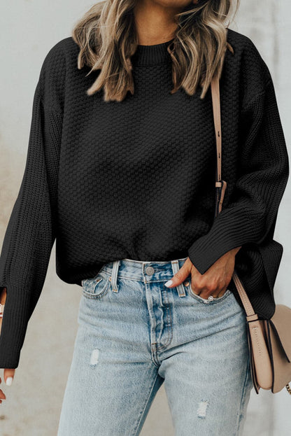 Chic textured long sleeve sweater with stylish slit detail