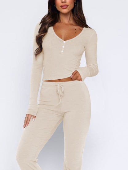 Chic V-neck long sleeve top and matching pants set