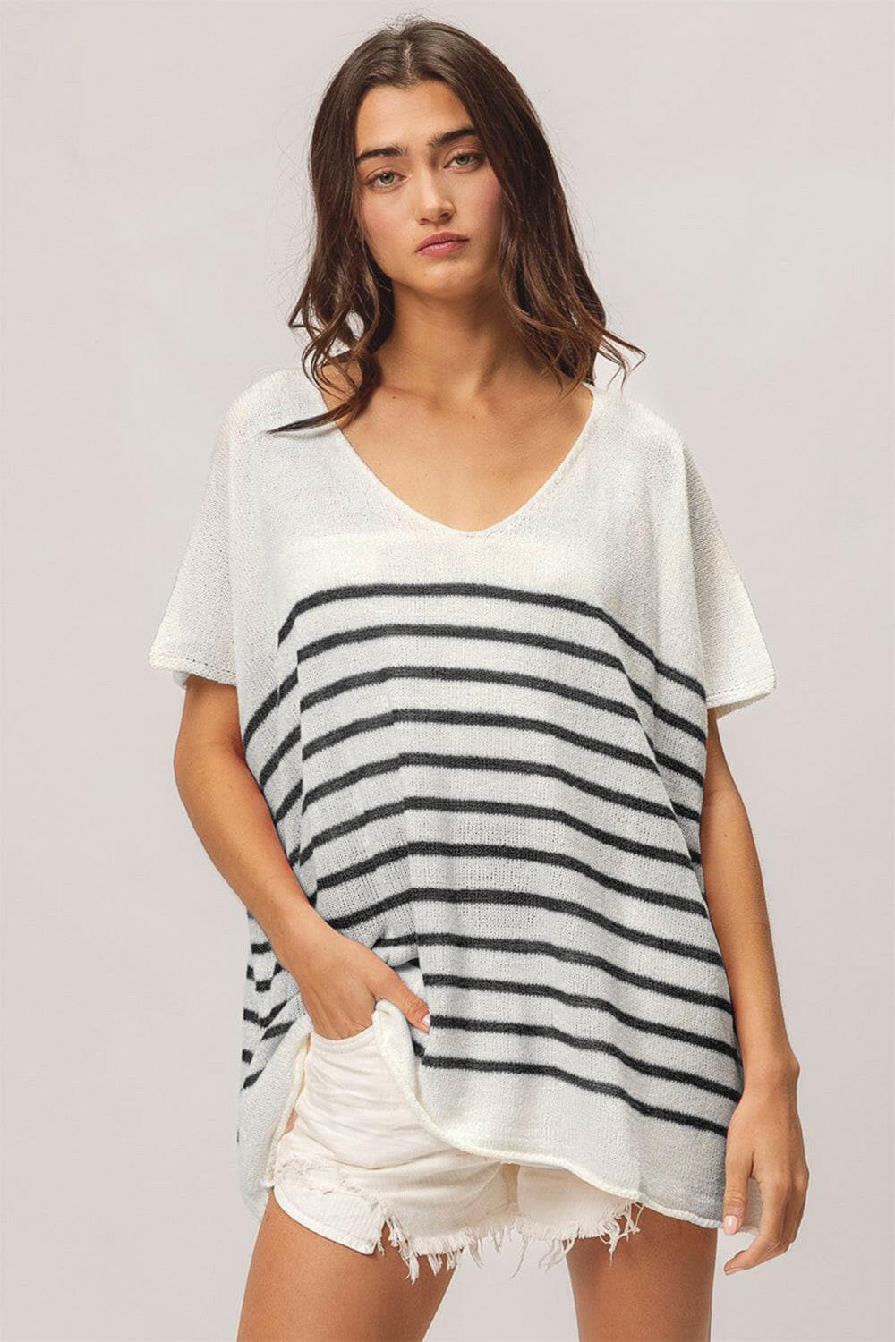 BiBi V Neck Striped Short Sleeve TopUpgrade Your Style with the BiBi V Neck Striped Short Sleeve Top
 Elevate your wardrobe with a piece that combines classic design with modern versatility. The BiBi VLove Salve Neck Striped Short Sleeve Topjust arrived