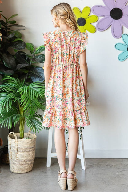 Heimish Full Size Floral Ruffled V-Neck Dress.