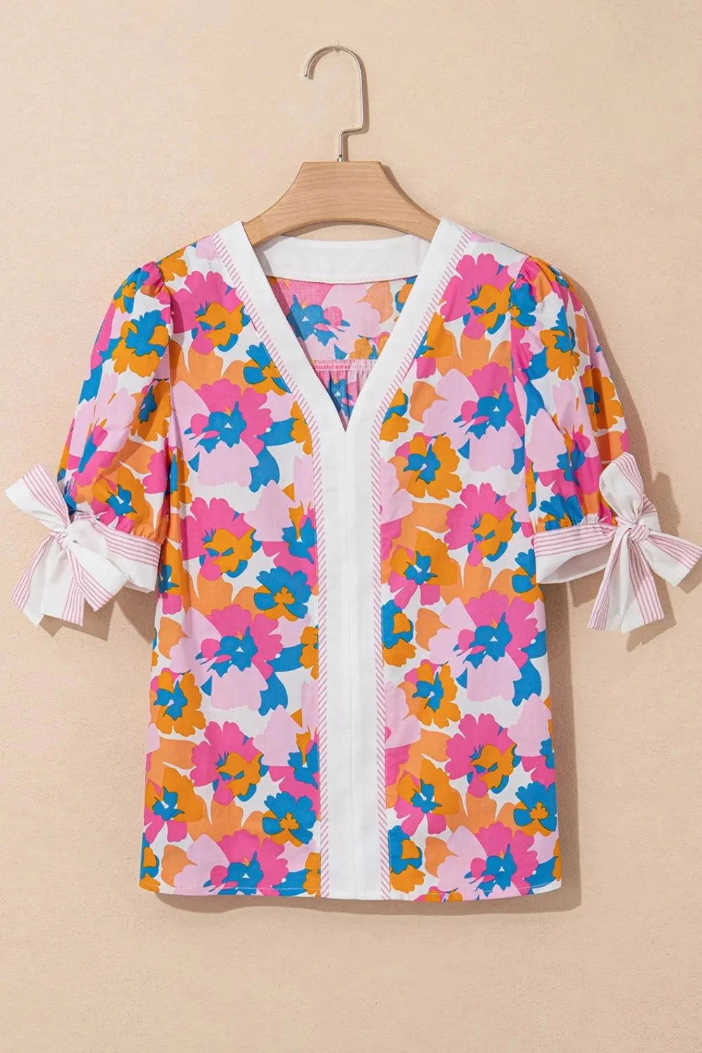 Floral Striped Edge V Neck Knotted Short Sleeve Blouse Simply Love