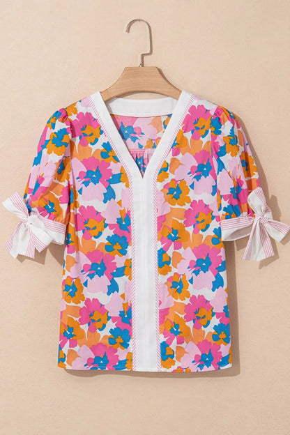 Floral Striped Edge V Neck Knotted Short Sleeve Blouse