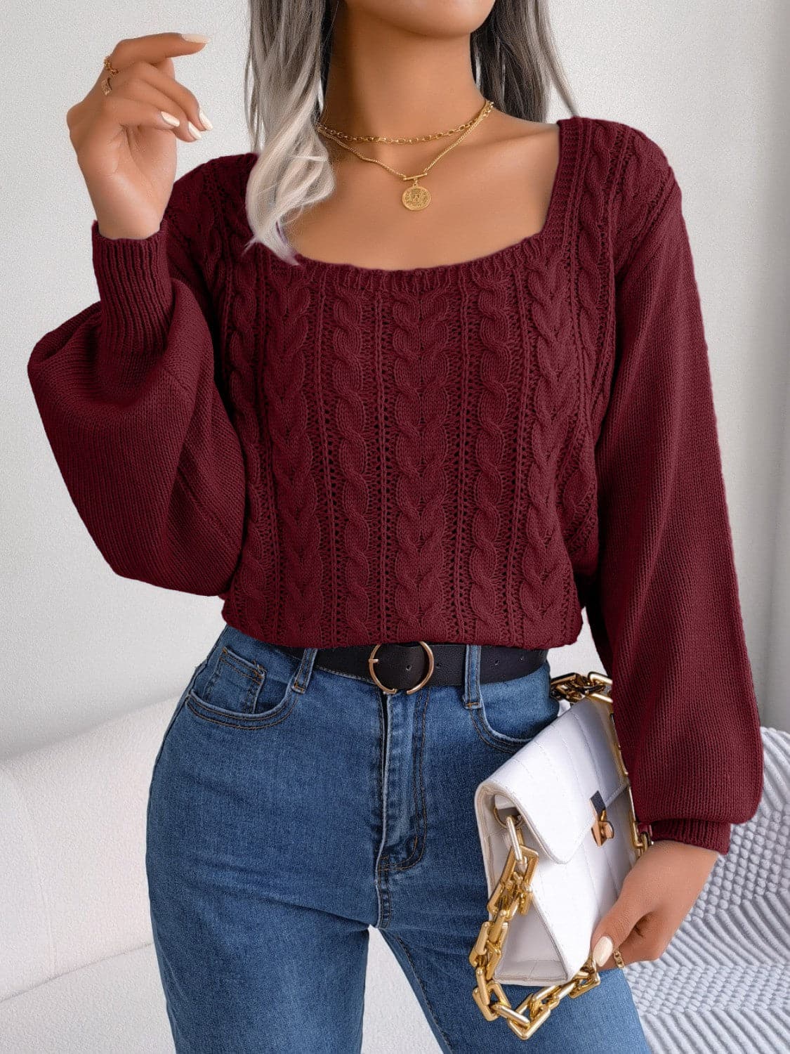 Cable-Knit Square Neck Long Sleeve Sweater.