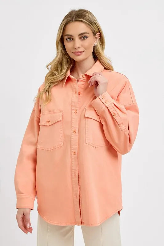 Risen Full Size Button Down Long Sleeve Denim Shacket with Chest Pockets Plus Size - Love Salve 