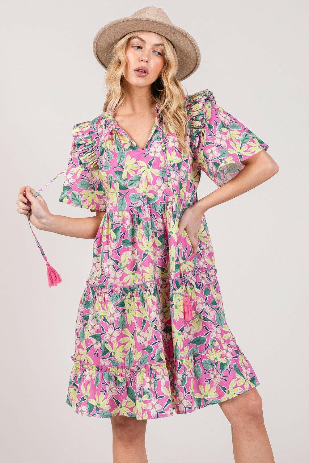 SAGE + FIG Floral Ruffle Short Sleeve Dress.