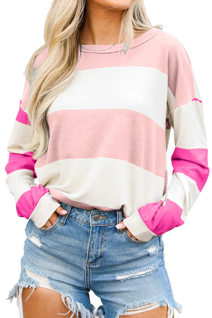 Chic light pink colorblock long sleeve top with drop shoulders