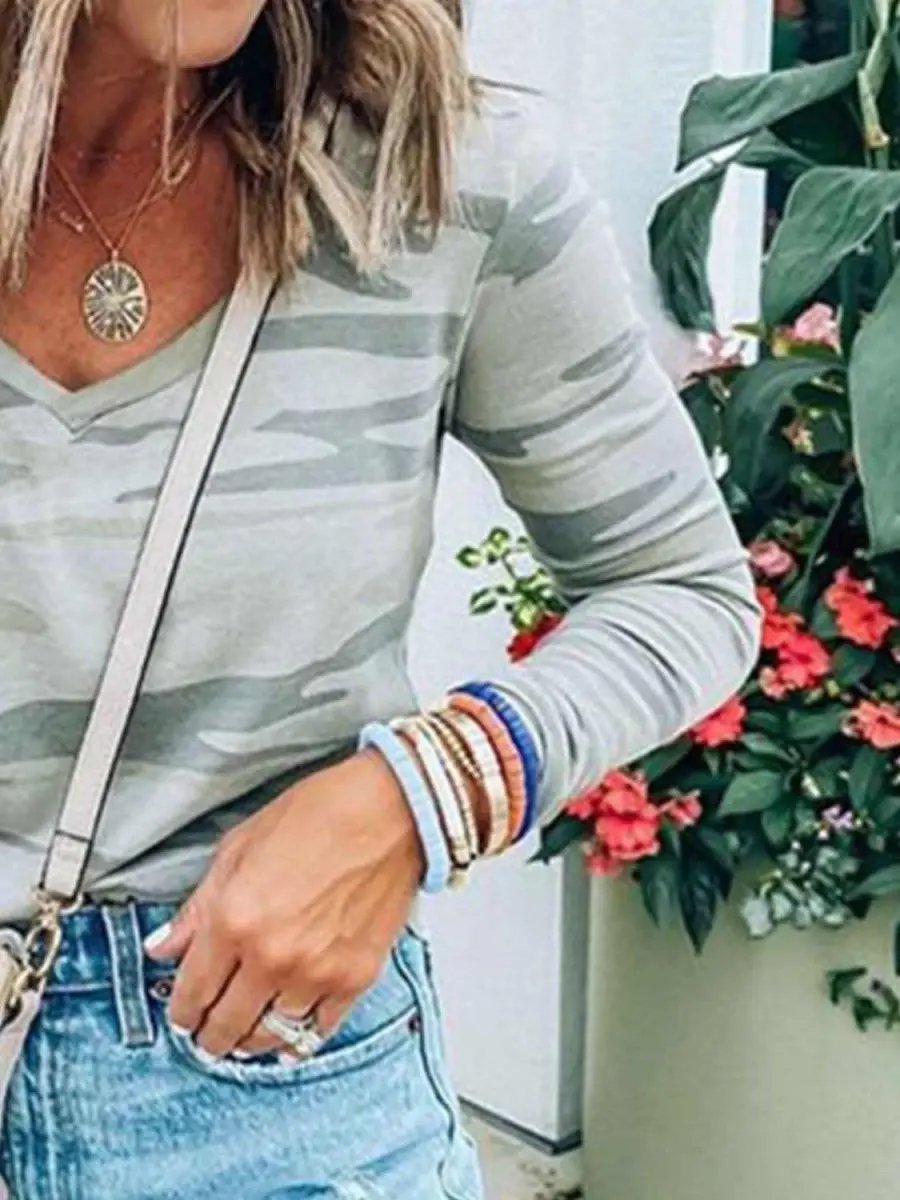 Camouflage V-Neck Long Sleeve T-Shirt - Love Salve 