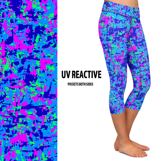 UV Reactive Fluorescent Neon Camo Capri Leggings with pockets MM