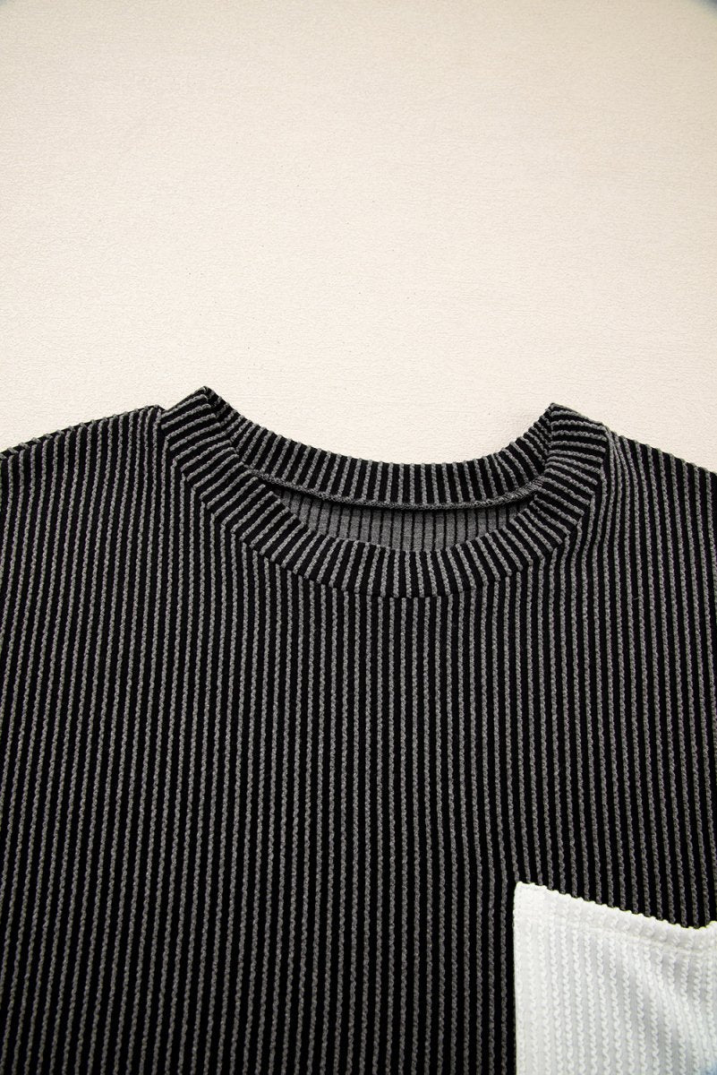 Carbon Grey Corded Knit Color Block Pocketed Crew Neck T Shirt - Love Salve 