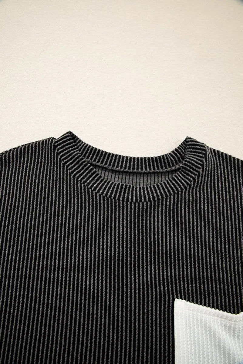 Carbon Grey Corded Knit Color Block Pocketed Crew Neck T Shirt - Love Salve 