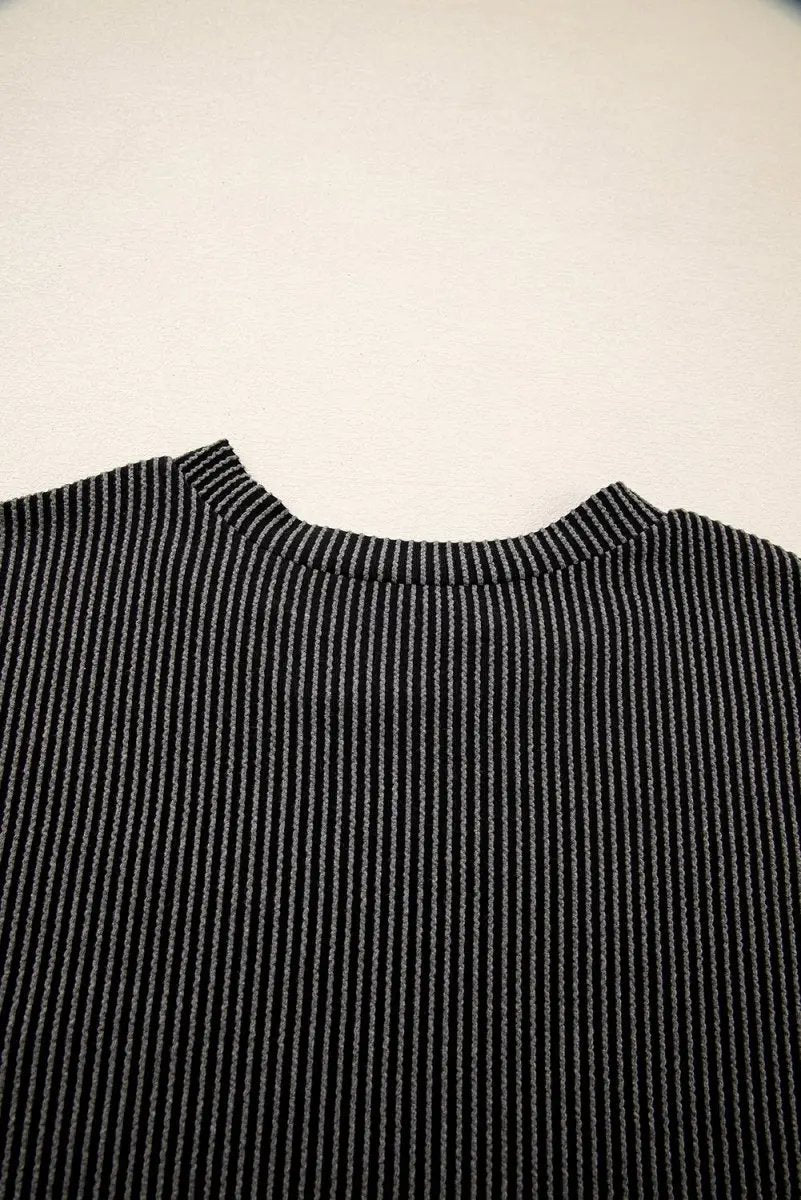 Carbon Grey Corded Knit Color Block Pocketed Crew Neck T Shirt - Love Salve 