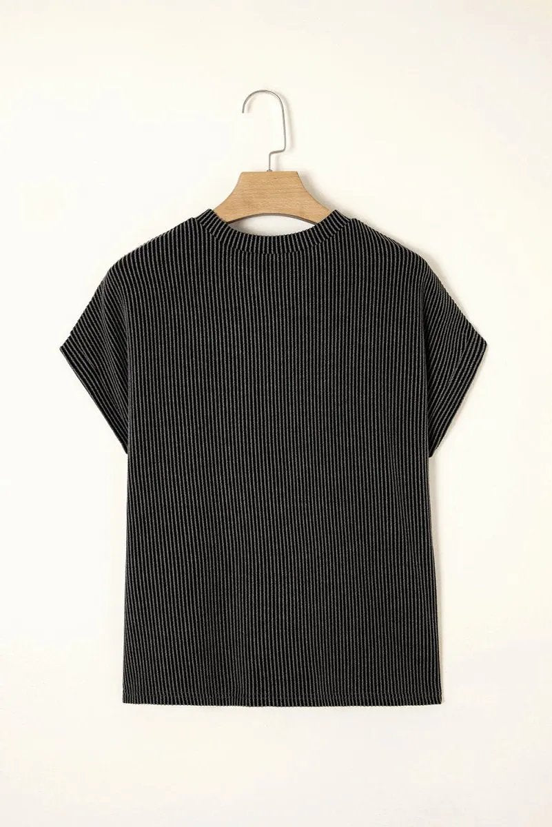 Carbon Grey Corded Knit Color Block Pocketed Crew Neck T Shirt - Love Salve 