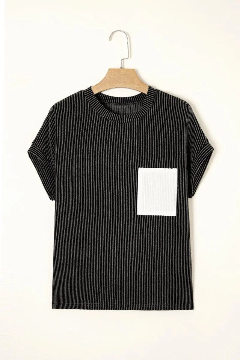 Carbon Grey Corded Knit Color Block Pocketed Crew Neck T Shirt - Love Salve 