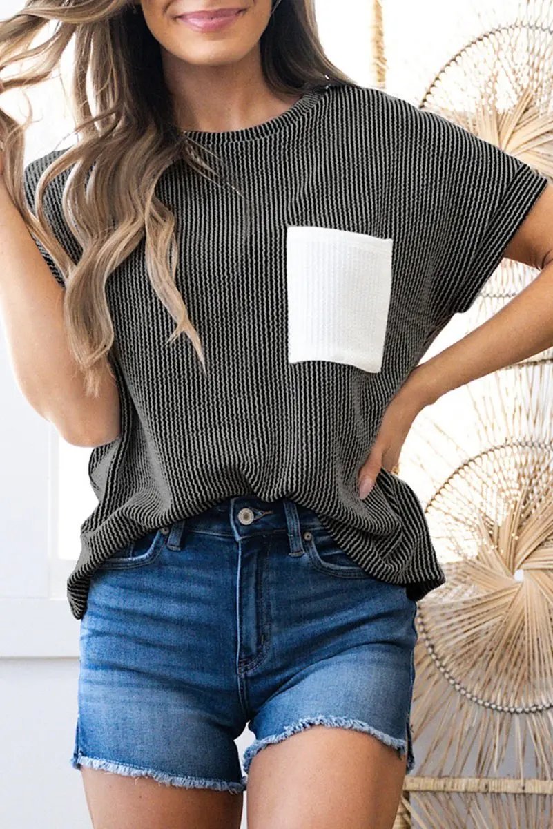 Carbon Grey Corded Knit Color Block Pocketed Crew Neck T Shirt - Love Salve 