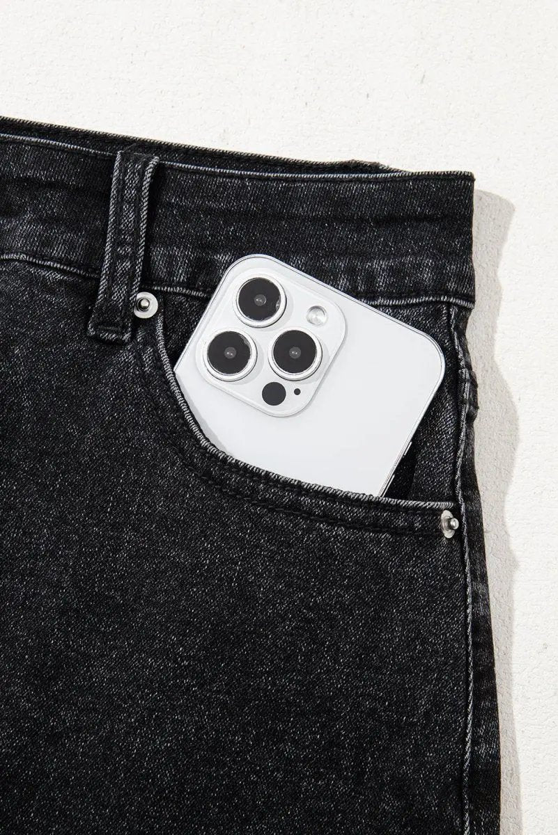 Carbon Grey Mineral Wash Ripped Raw Hem Denim Mini Skirt - Love Salve 