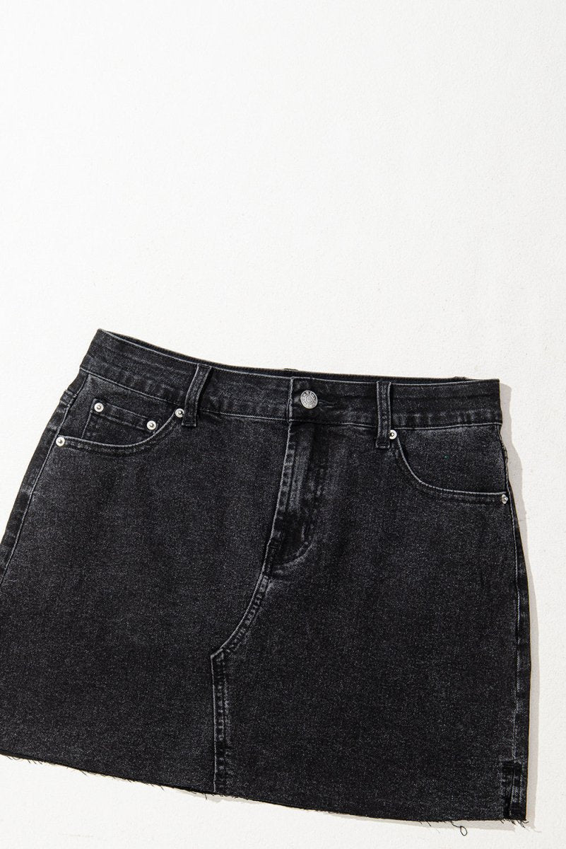 Carbon Grey Mineral Wash Ripped Raw Hem Denim Mini Skirt - Love Salve 