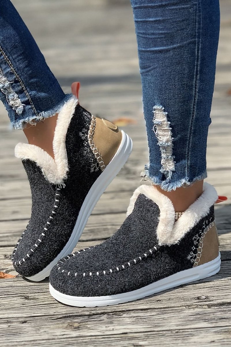 Carbon Grey Suede Patchwork Plush - Lined Anklet Boots with Stitching Detail - Love Salve