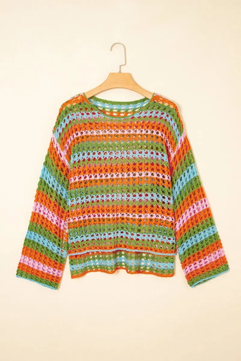 Carrot Multi Stripe Open Knit Sweater Beach Cover Up - Love Salve 