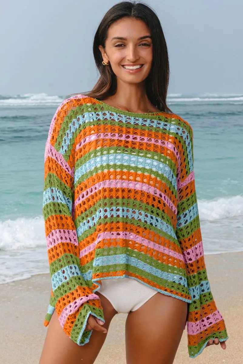 Carrot Multi Stripe Open Knit Sweater Beach Cover Up - Love Salve 