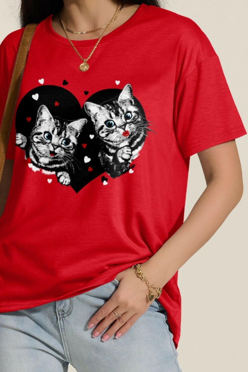 Cat Round Neck Dropped Shoulder T-Shirt - Love Salve