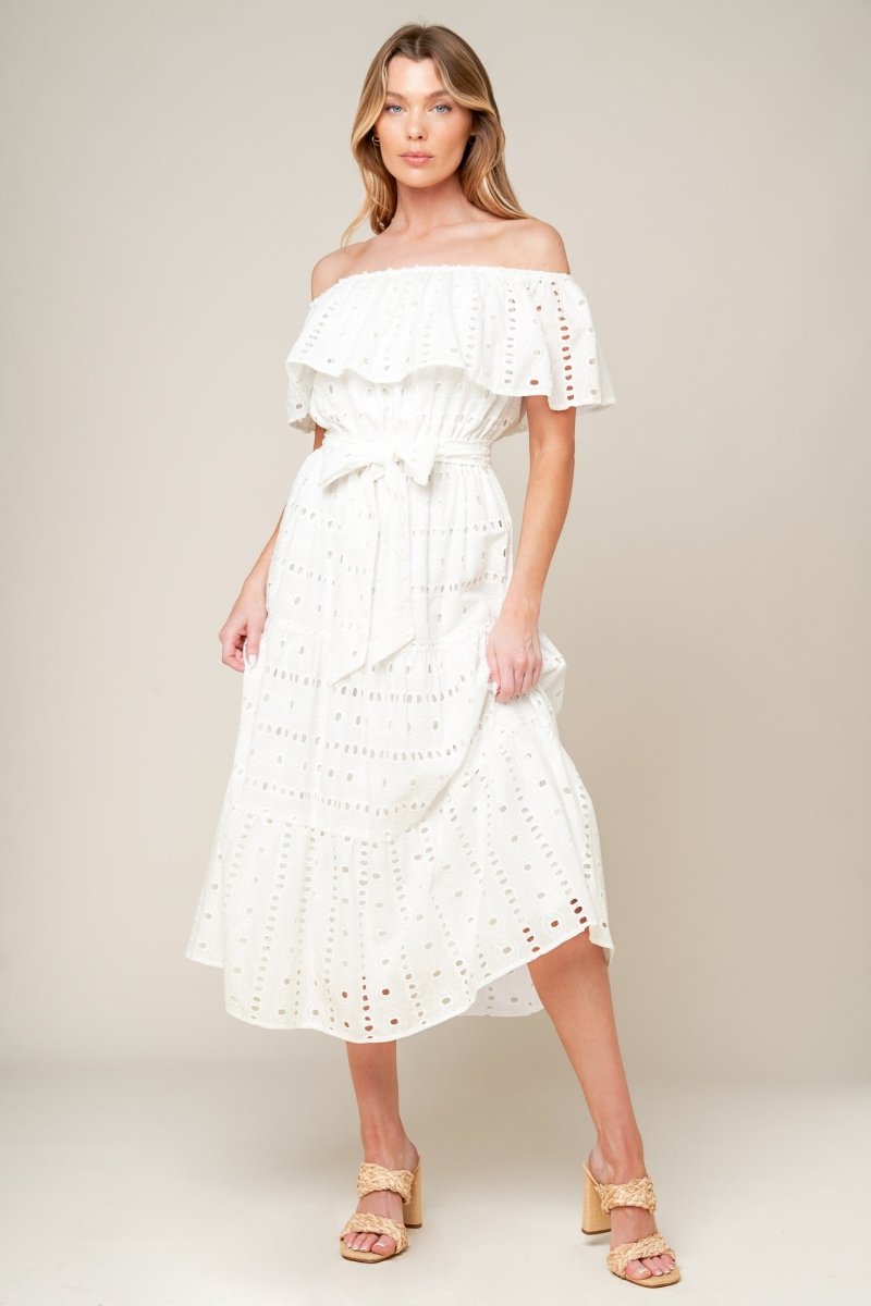 CATCHING MY BREATH EYELET MIDI DRESS - Love Salve