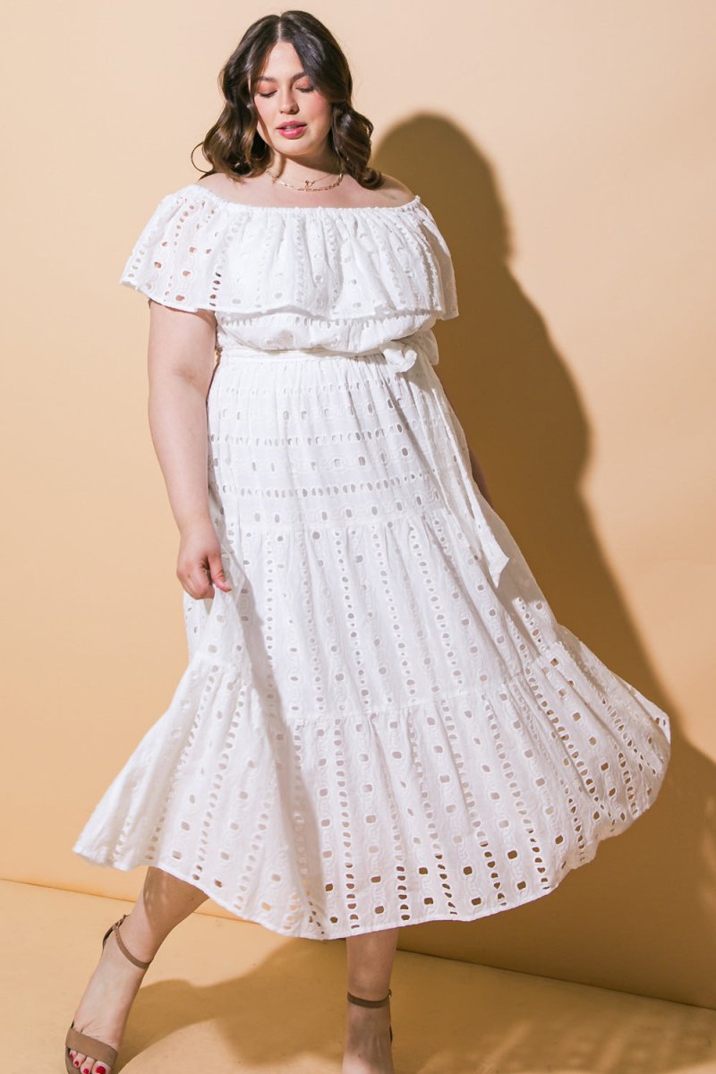 CATCHING MY BREATH EYELET MIDI DRESS - Love Salve