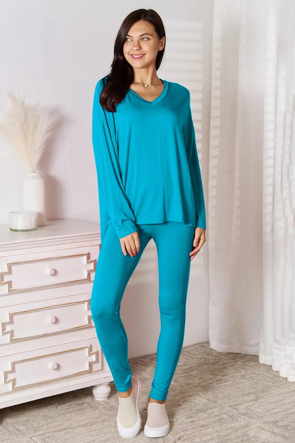 Basic Bae Full Size V-Neck Soft Rayon Long Sleeve Top and Pants Lounge Set - Love Salve