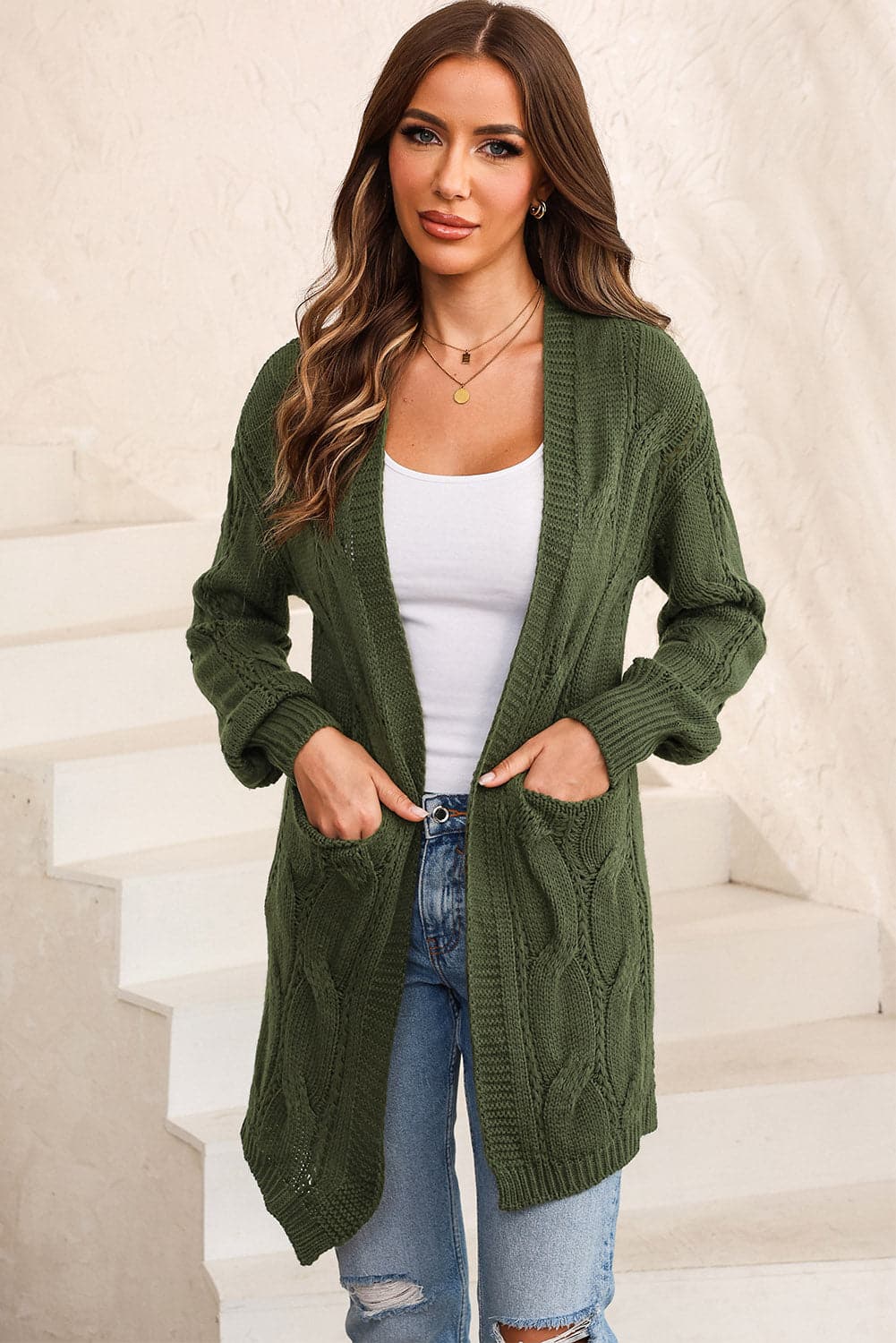 Cable-Knit Dropped Shoulder Slit Cardigan.