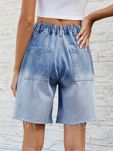 Buttoned Raw Hem Denim Shorts with Pockets.