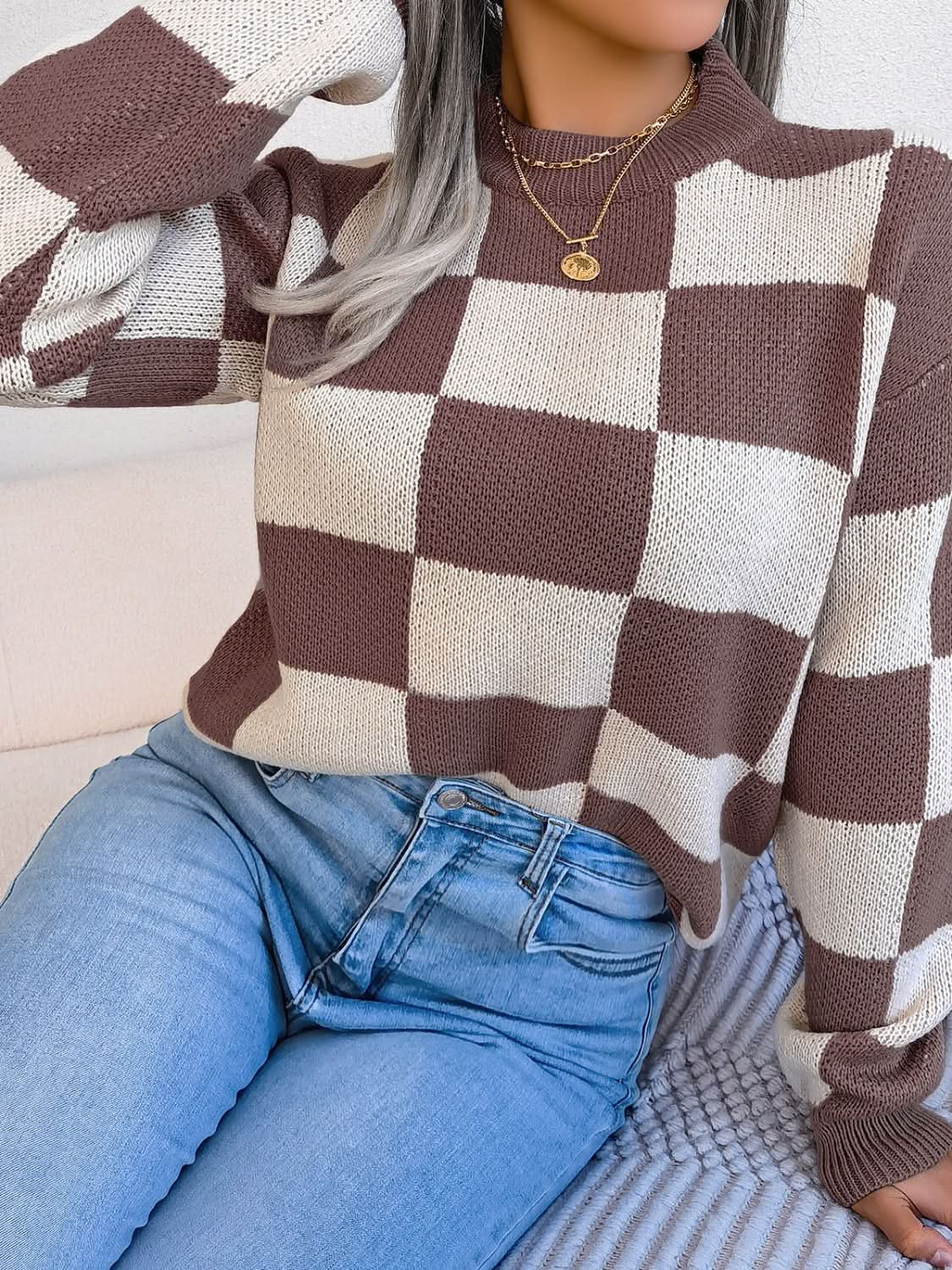 Checkered Mock Neck Long Sleeve Sweater - Love Salve 