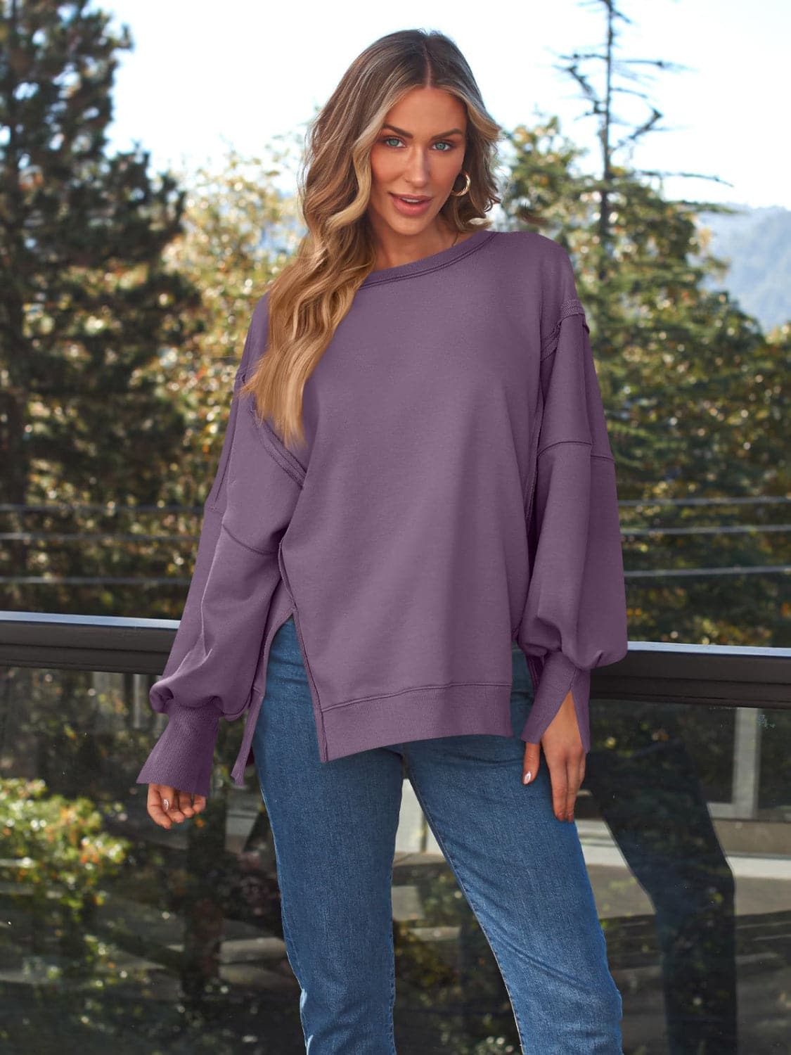 Slit Round Neck Long Sleeve Sweatshirt.