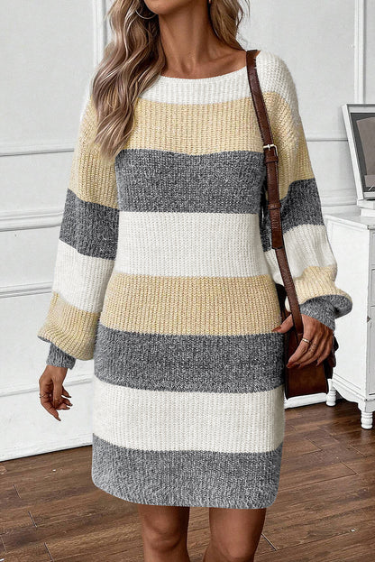 Colorful striped bubble sleeve sweater dress with drop shoulders