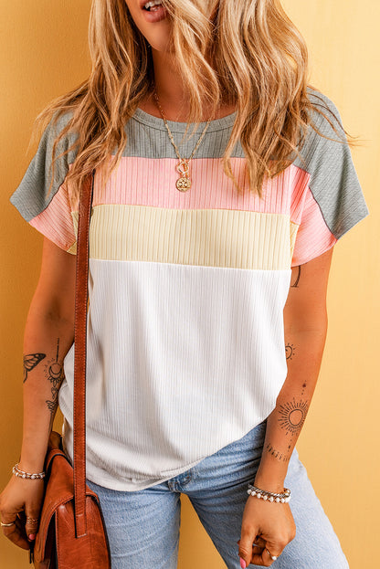 Chic white ribbed color block tee with patchwork design