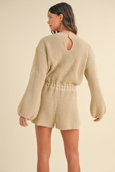 Cozy chic long sleeve sweater romper with drawstring waist