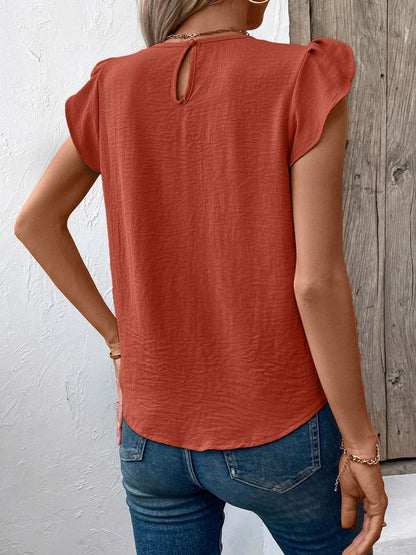 Ruched Round Neck Cap Sleeve Blouse.