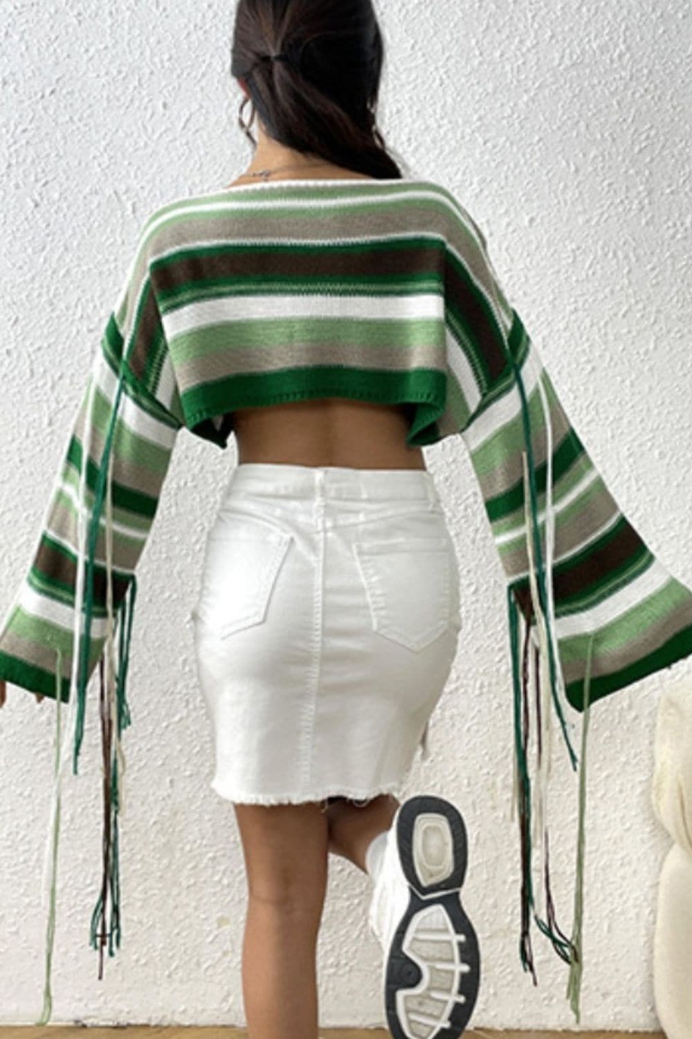 Fringe Striped Round Neck Knit Top.