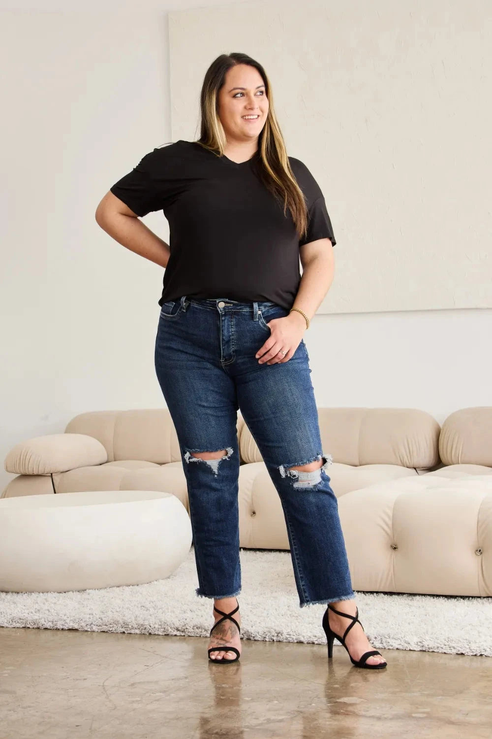 RFM Crop Dylan Full Size Tummy Control Distressed High Waist Raw Hem Jeans Coco’s Tee Boutique