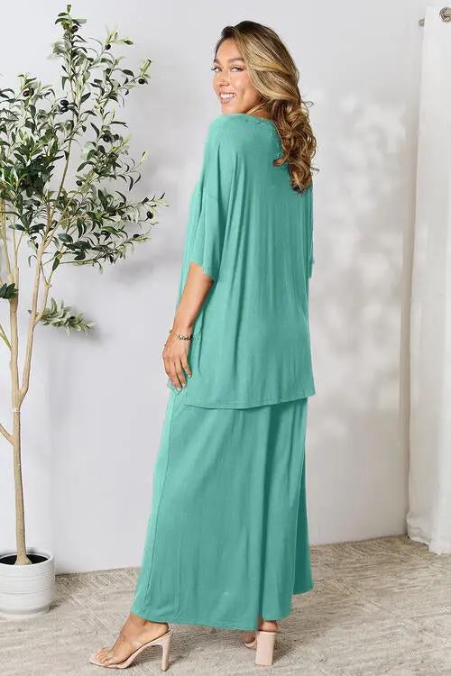 Double Take Full Size Round Neck Slit Top and Pants Set - Love Salve