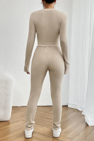 Ribbed V-Neck Long Sleeve Cropped Top and Pants Set.