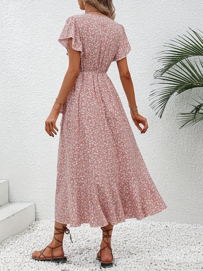 Printed Surplice Flutter Sleeve Midi Dress.