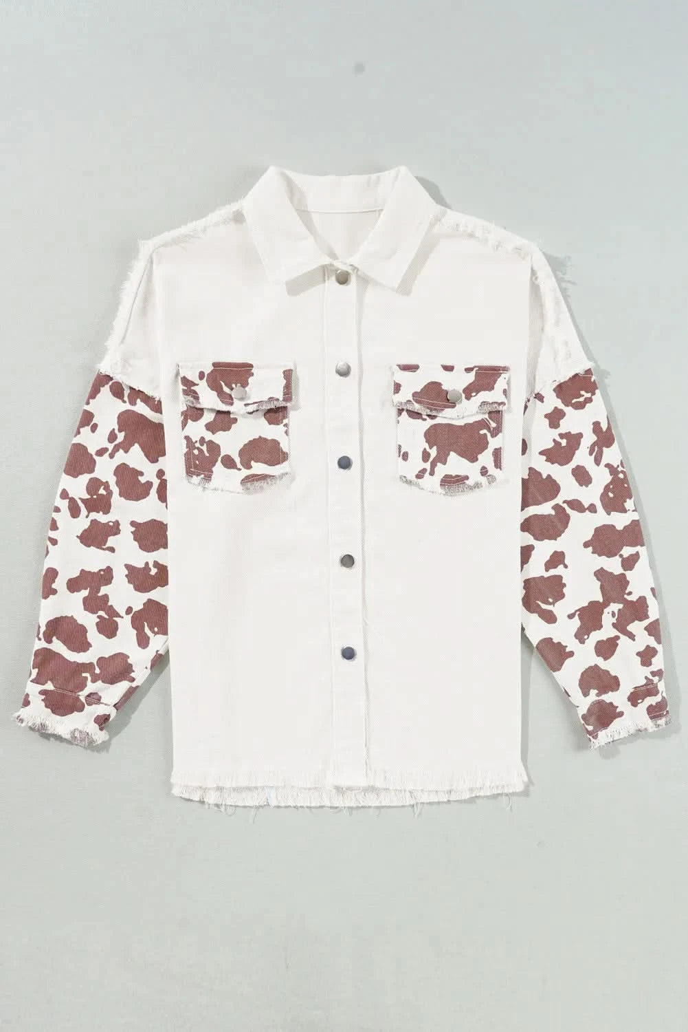 Raw Hem Animal Print Long Sleeve Denim Jacket