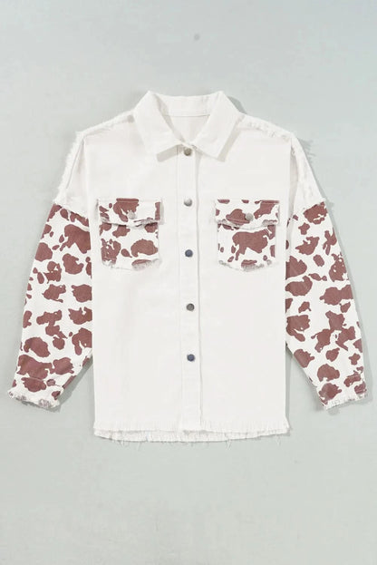 Raw Hem Animal Print Long Sleeve Denim Jacket