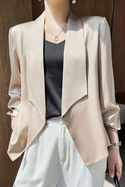 Elegant apricot satin blazer with lapel collar