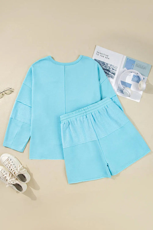 Blue Casual Aruba Blue Plus Size Solid Color Splicing Raw Hem Pullover Top Shorts Set - Back view by Dear-Lover Dropshipping