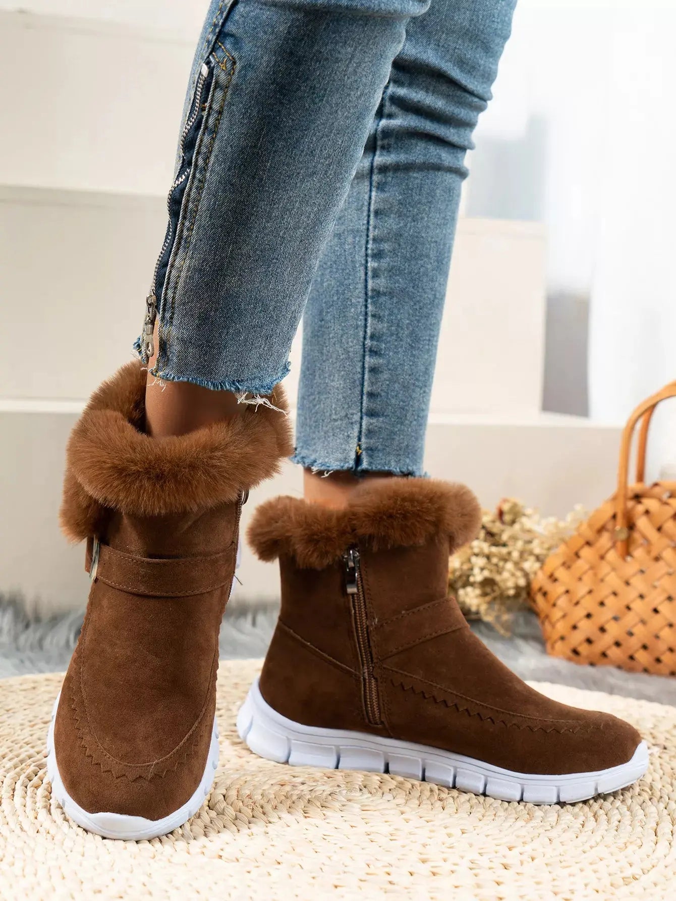 Fuzzy Trim Buckle Ankle Boots With Faux Fur Lining Simply Love