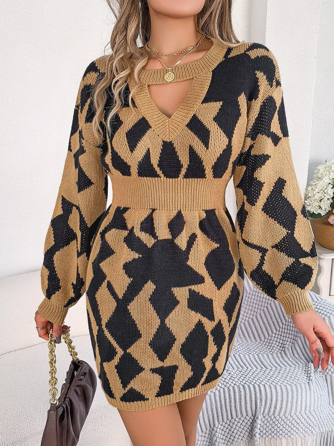 Contrast Round Neck Cutout Long Sleeve Mini Sweater Dress.