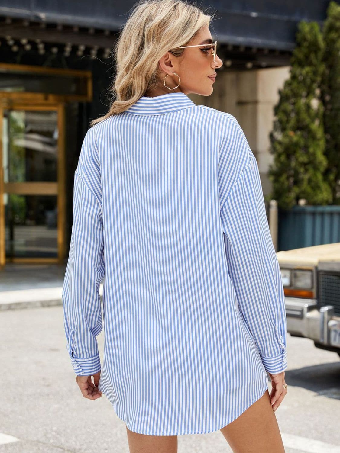 Pocketed Striped Collared Neck Long Sleeve Shirt.