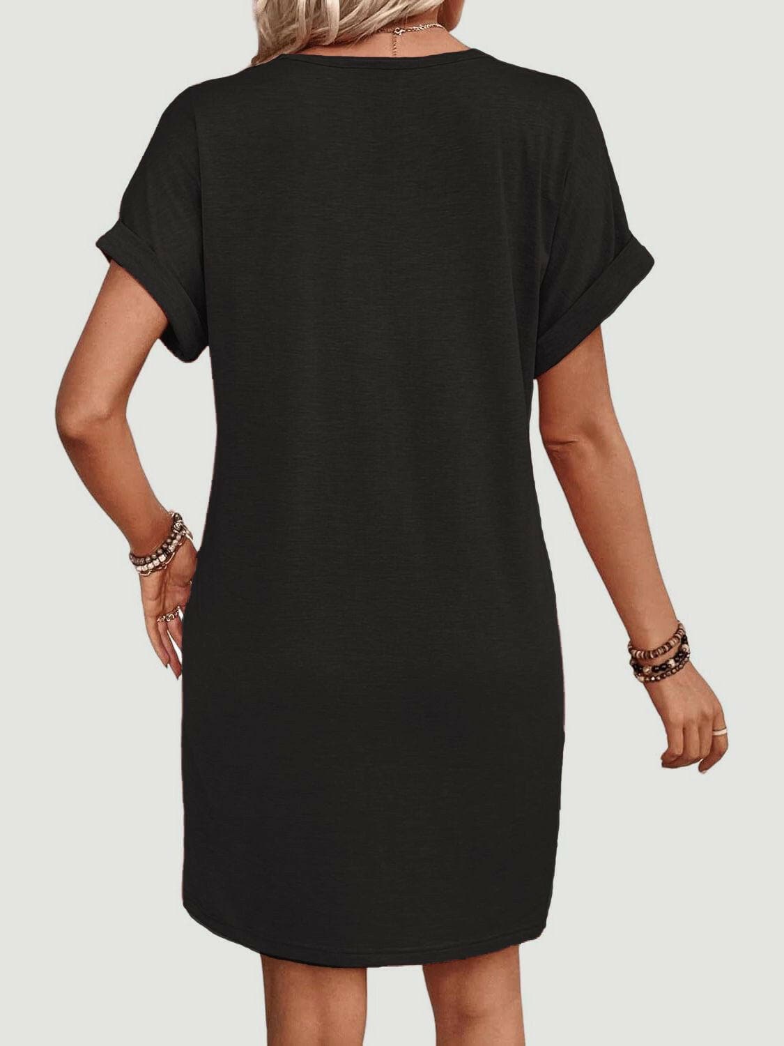 Quarter Button V-Neck Short Sleeve Dress.