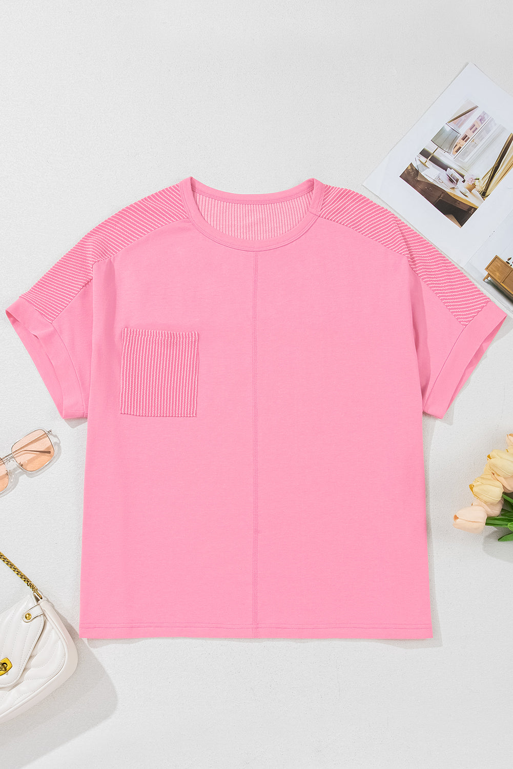 Bonbon Plus Size Patchwork Pocket T-Shirt with Corded Design